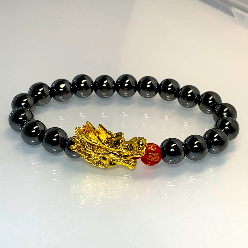HEMATITE + DRAGON HEAD  NATURAL BRACELET size 7”